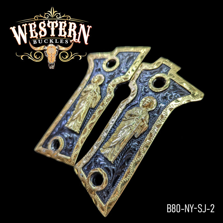 Beretta 80X San Judas Cachas — 24K Gold Plated &amp; Black Nickel — Detail View | Western Buckles Handcrafted | SKU B80-NY-SJ-2