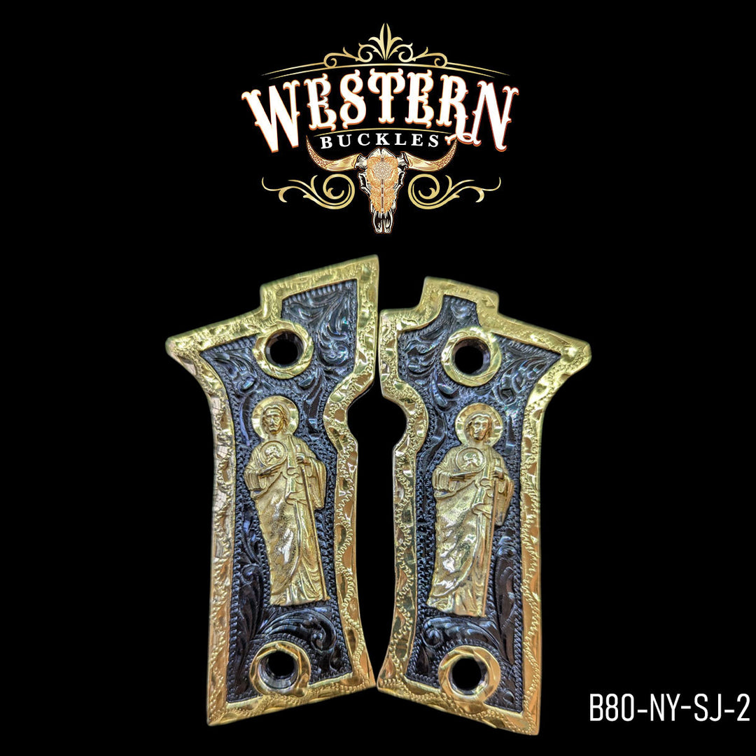 Beretta 80X San Judas Cachas — 24K Gold Plated &amp; Black Nickel | Handcrafted by Western Buckles | SKU B80-NY-SJ-2