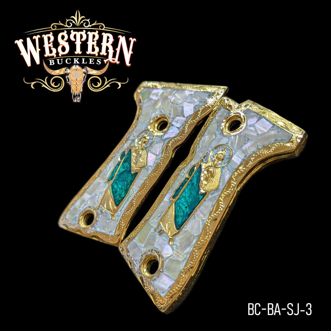 Beretta Compact San Judas Cachas — Artisan Resin — Detail View | Western Buckles Handcrafted | SKU BC-BA-SJ-3
