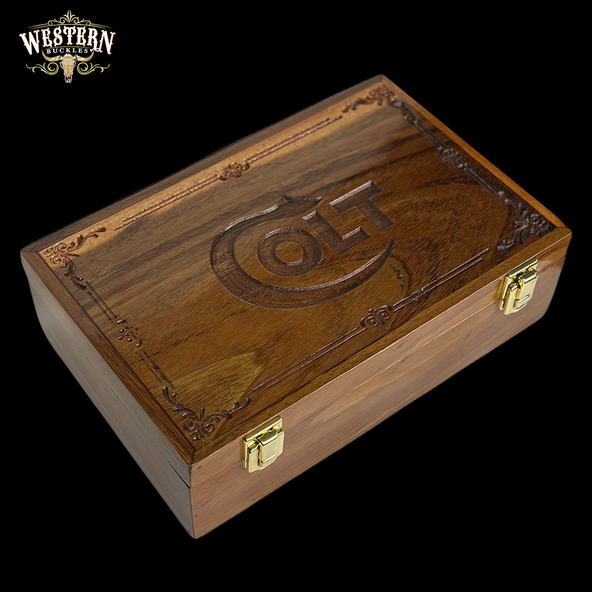 Wooden Box Firearm Colt 1911 - Luxury Parotta Wood Box, Brown leather and Black