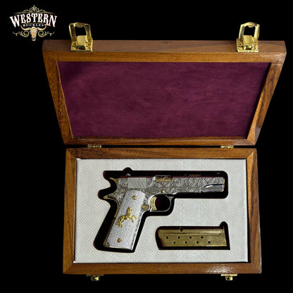 Wooden Box Firearm Colt 1911 - Luxury Parotta Wood Box,White leather