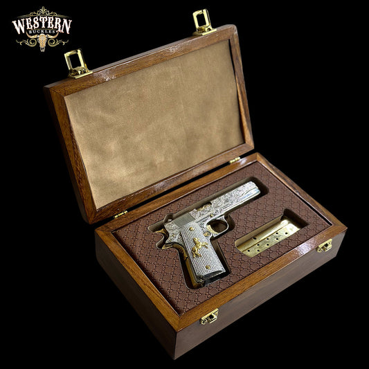 Wooden Box Firearm Colt 1911 - Luxury Parotta Wood Box, Brownleather