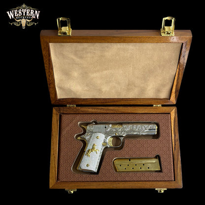 Wooden Box Firearm Colt 1911 - Luxury Cedar Wood Box, Brown leather