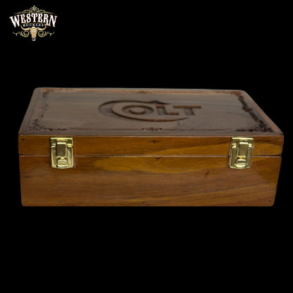 Wooden Box Firearm Colt 1911 - Luxury Parotta Wood Box, Brown leather and Black