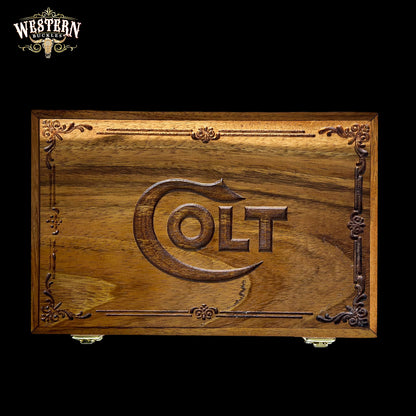 Wooden Box Firearm Colt 1911 - Luxury Parotta Wood Box, Brown leather and Black