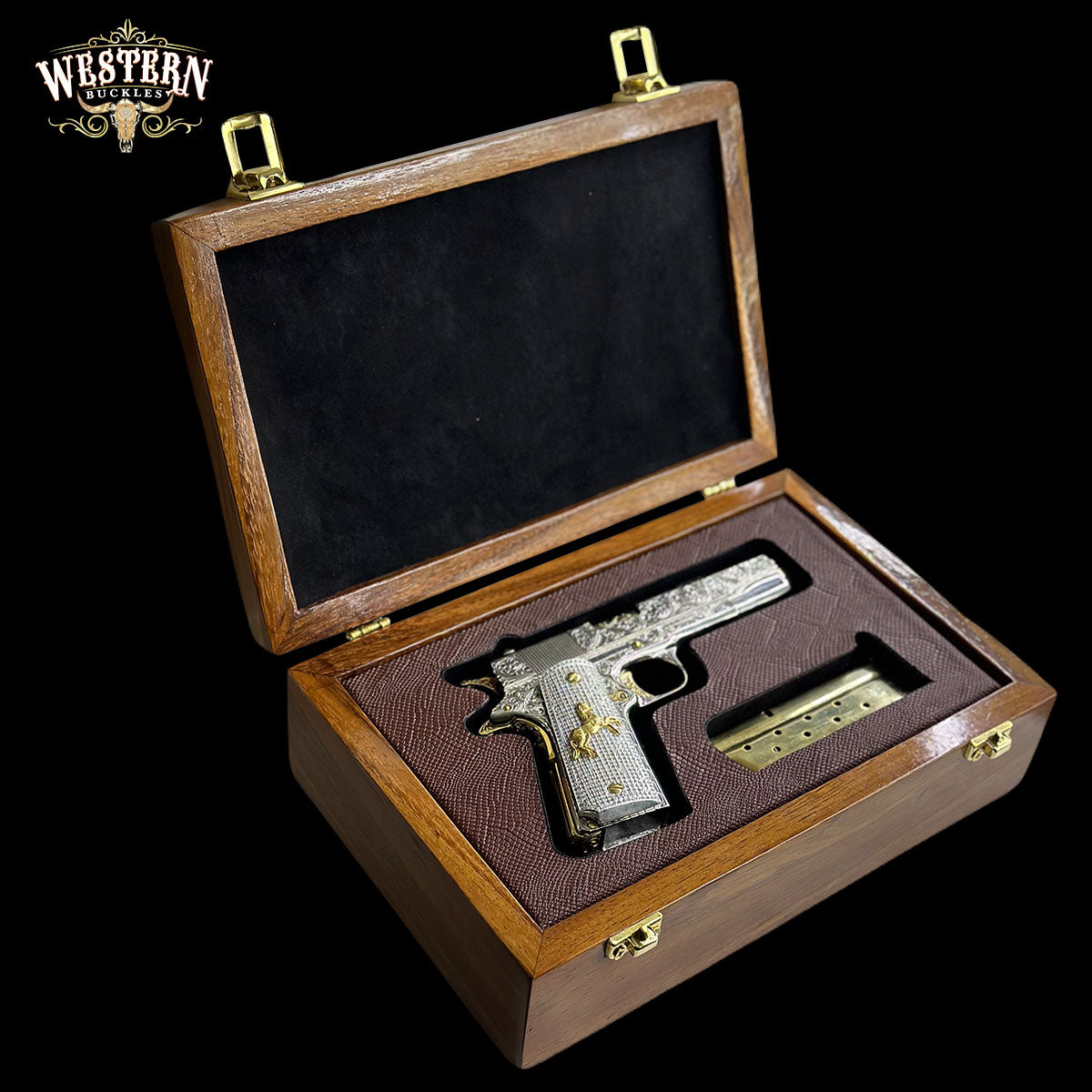 Wooden Box Firearm Colt 1911 - Luxury Parotta Wood Box, Brown leather and Black