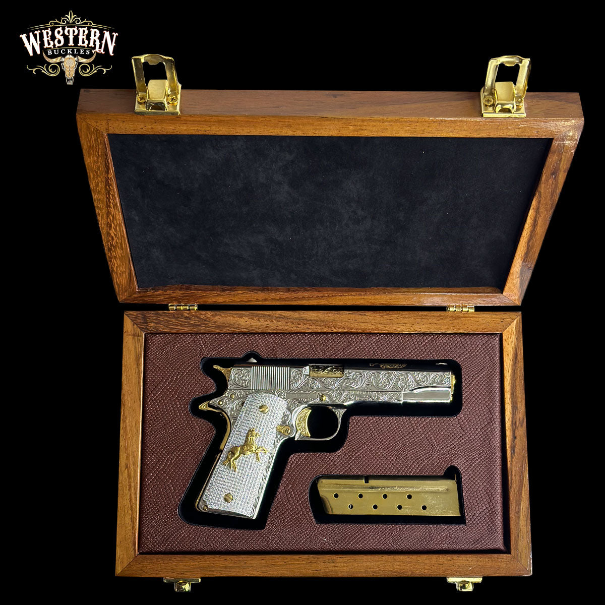 Wooden Box Firearm Colt 1911 - Luxury Parotta Wood Box, Brown leather and Black