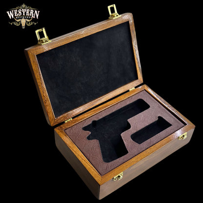 Wooden Box Firearm Colt 1911 - Luxury Parotta Wood Box, Brown leather and Black