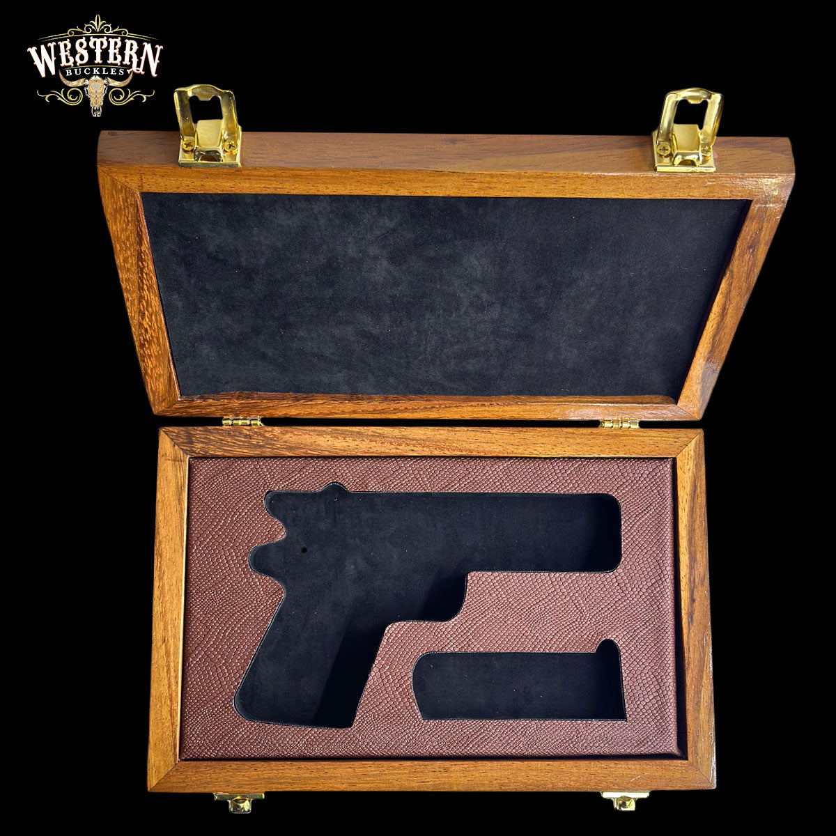 Wooden Box Firearm Colt 1911 - Luxury Parotta Wood Box, Brown leather and Black