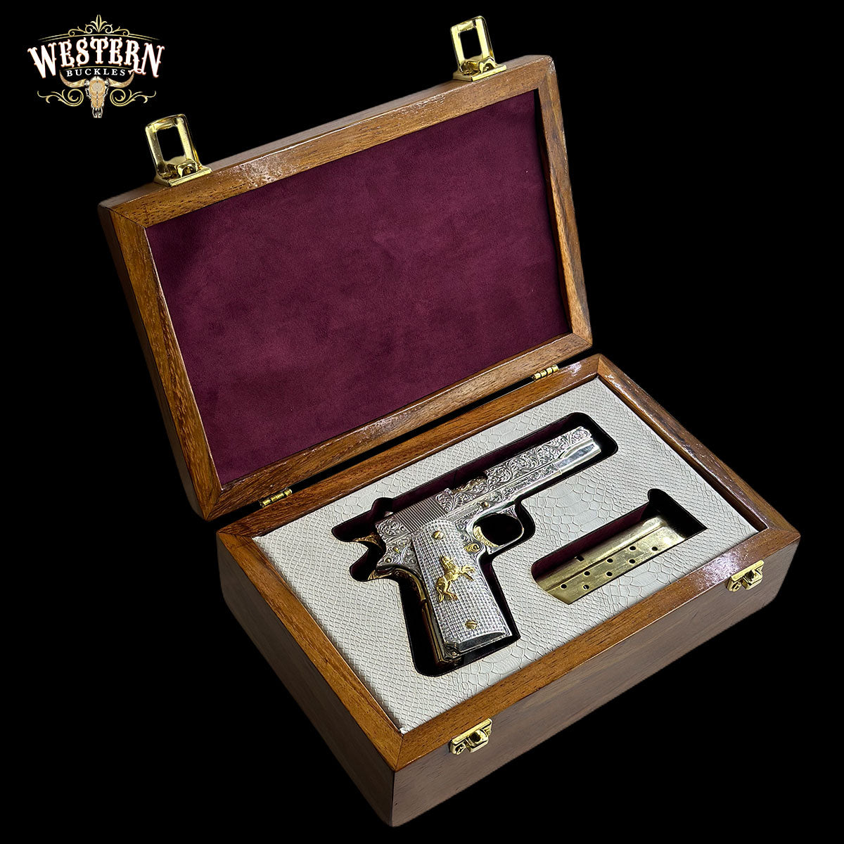 Wooden Box Firearm Colt 1911 - Luxury Parotta Wood Box,White leather