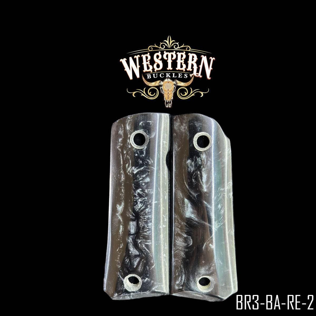 Custom Colt 1911 pistol grips in gray pearl style finish, displayed on black background.