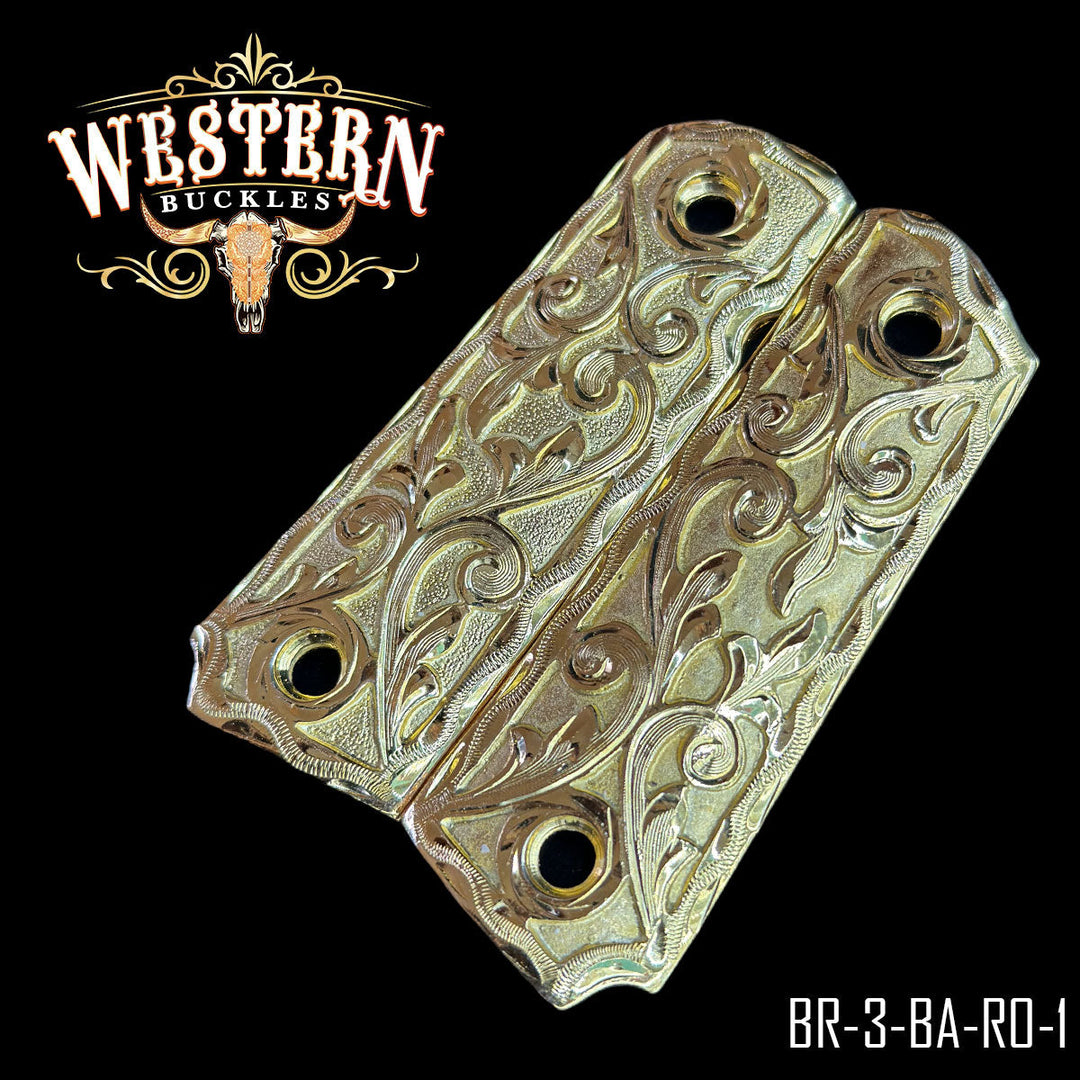 1911 Cachas — Hand-Engraved — Detail View | Western Buckles Handcrafted | SKU BR3-BA-RO-1