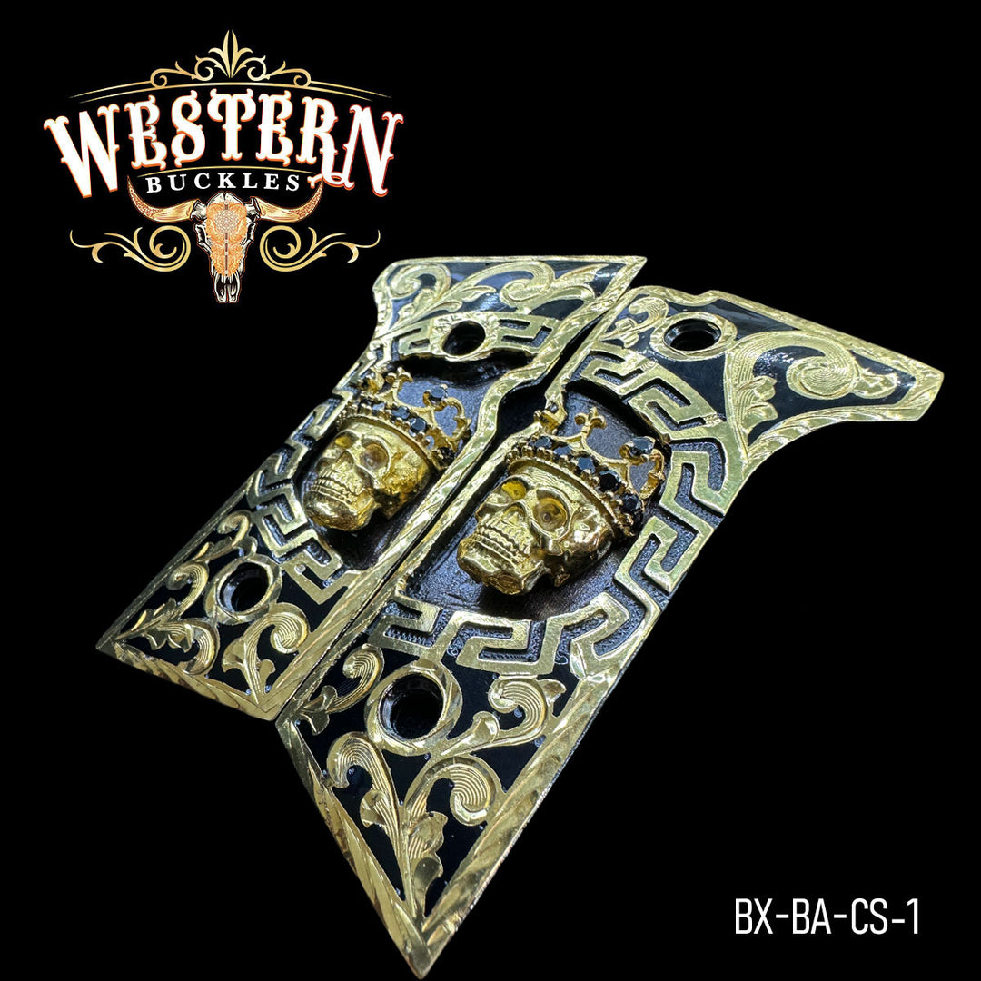 Beretta Skull Cachas — Detail View | Western Buckles Handcrafted | SKU BX-BA-CS-1
