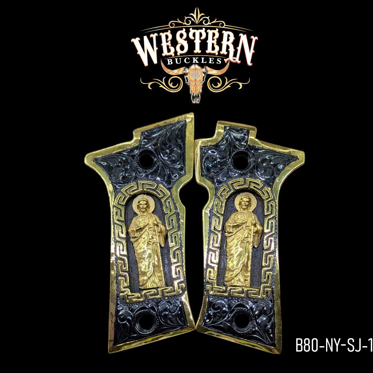 Pistola – Gangsta Memories San Judas Beretta 92FS Gun Grips — 24K Gold | Western Buckles Co.