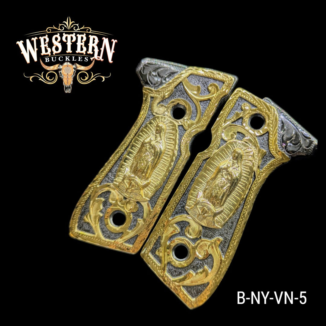 Virgin Mary Grips for Beretta 92FS — 24K Gold-Plated &amp; Black Nickel — detail