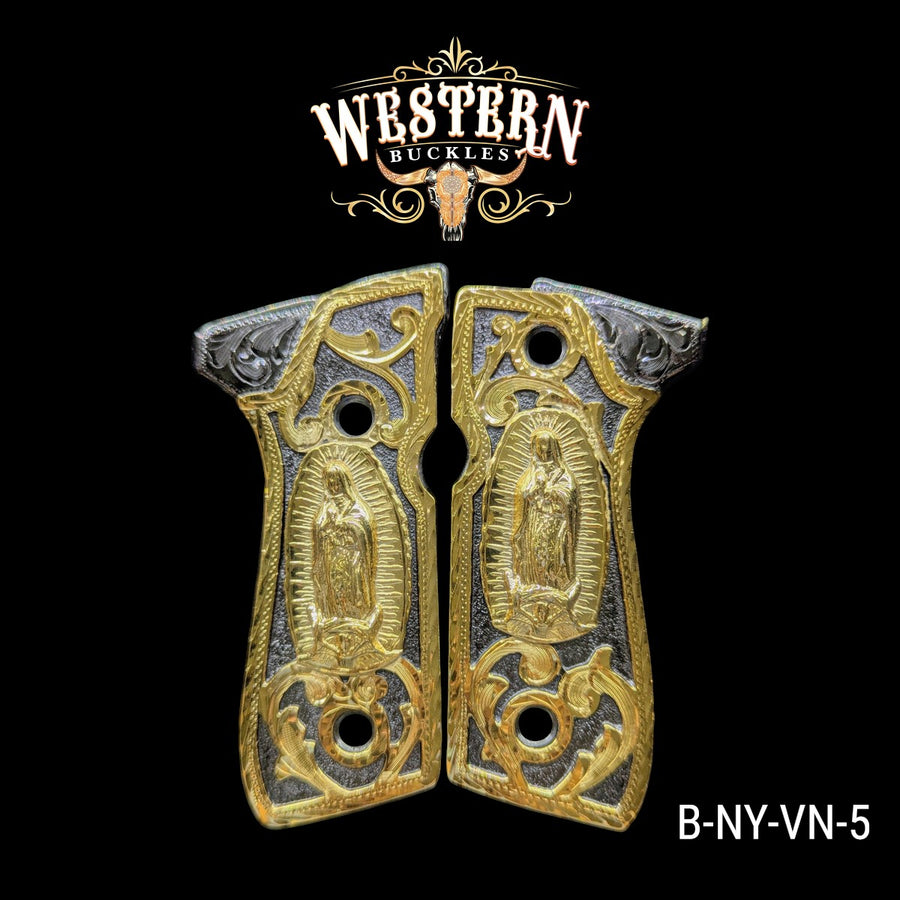 Virgin Mary Grips for Beretta 92FS — 24K Gold-Plated & Black Nickel