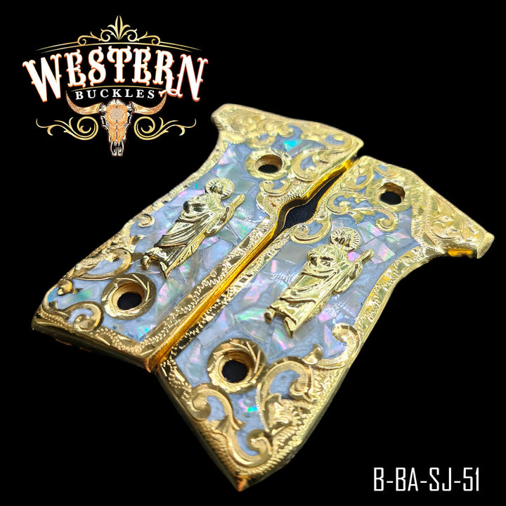 Beretta 92FS San Judas Gun Grips — Hand-Engraved — Detail View | Western Buckles Handcrafted | 