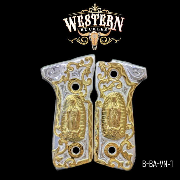 Virgin of Guadalupe Beretta 92FS grips, 24K gold-plated scrollwork on a silver-plated field