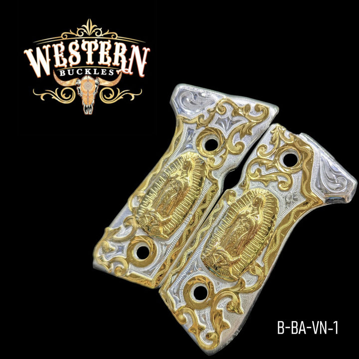 Virgin of Guadalupe Beretta 92FS grips, 24K gold-plated scrollwork on a silver-plated field