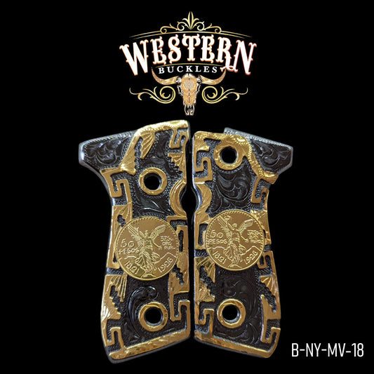 Custom black and gold Beretta 92fs pistol grips with engraved centenario design, western style.