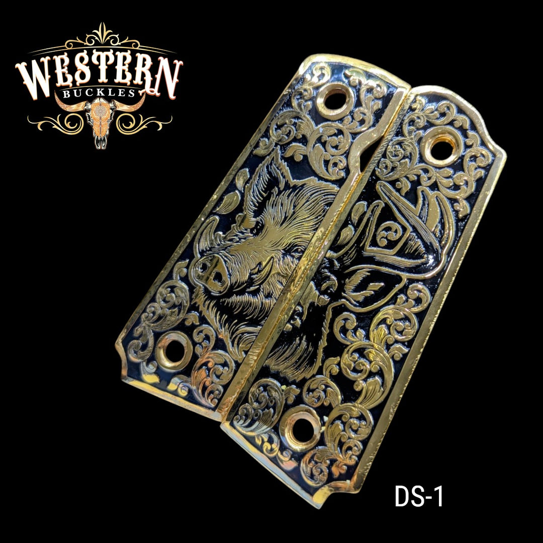 Boar &amp; Deer Grips for 1911 Full-Size — 24K Gold-Plated &amp; Black