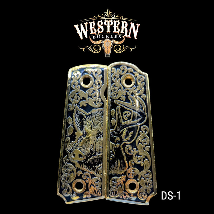 Boar &amp; Deer Grips for 1911 Full-Size — 24K Gold-Plated &amp; Black