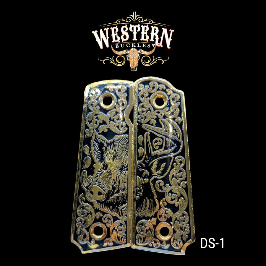 Boar & Deer Grips for 1911 Full-Size — 24K Gold-Plated & Black