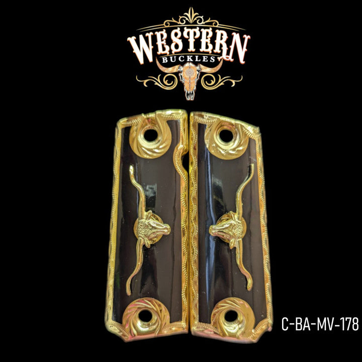Bull Custom Grips for Colt 1911 Full-Size — 24K Gold-Plated with Black Artisan Resin
