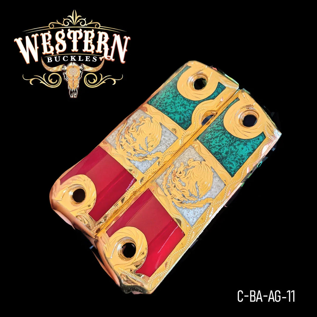 Gold and tricolor Mexican flag Colt 1911 pistol grips with engraved eagle design