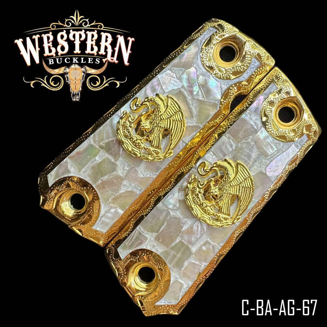 Custom pearl and gold pistol grips with eagle design, Colt 1911 grips, decorative handgun accessory.