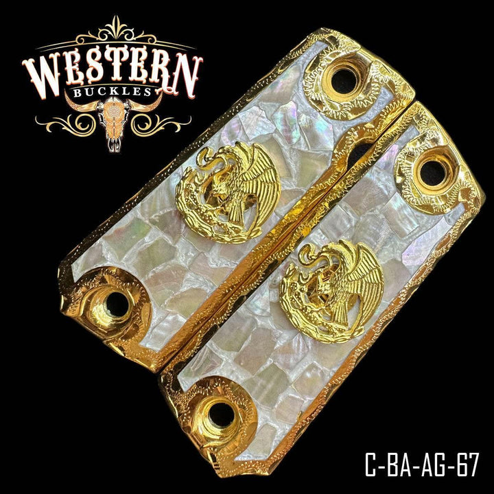 Custom pearl and gold pistol grips with eagle design, Colt 1911 grips, decorative handgun accessory.