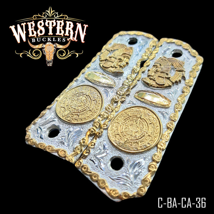 Colt 1911 Aztec Calendar Gun Grips — Detail View | Western Buckles Handcrafted | SKU C-BA-CA-36