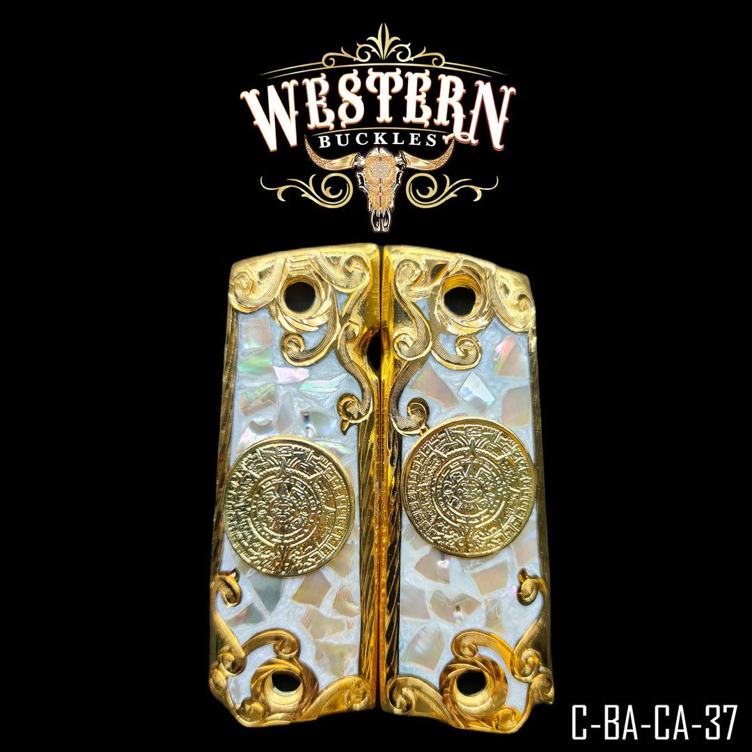 1911 Aztec Calendar Cachas — Artisan Resin | Handcrafted by Western Buckles | SKU C-BA-CA-37
