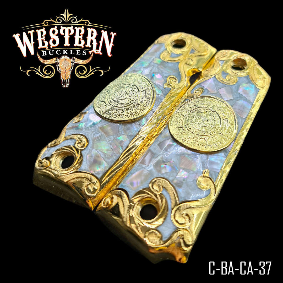 1911 Aztec Calendar Cachas — Artisan Resin — Detail View | Western Buckles Handcrafted | SKU C-BA-CA-37