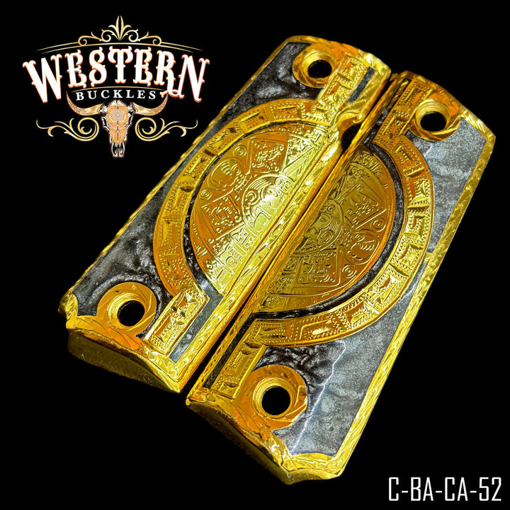 1911 Aztec Calendar Cachas — Detail View | Western Buckles Handcrafted | SKU C-BA-CA-52