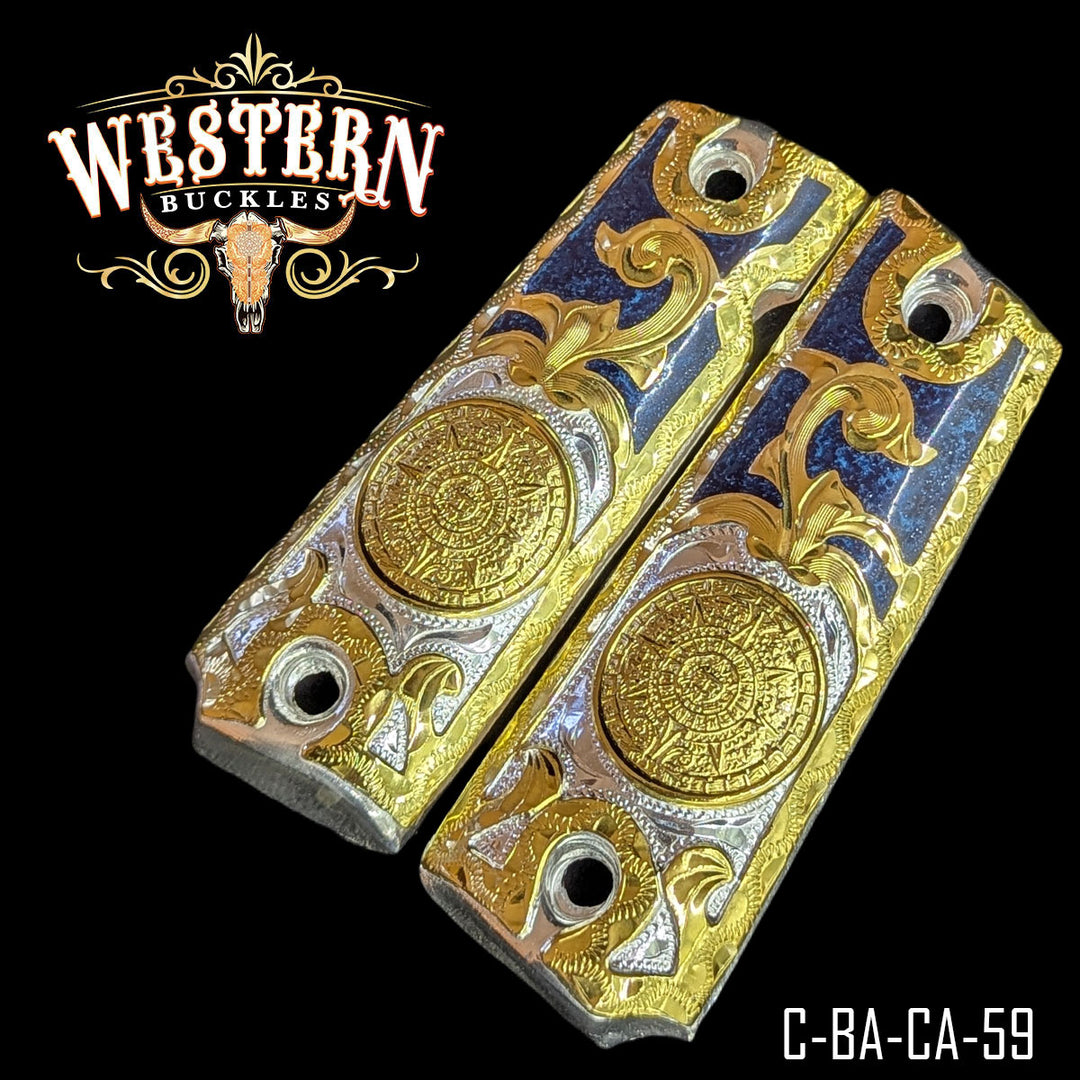 1911 Aztec Calendar Gun Grips — Detail View | Western Buckles Handcrafted | SKU C-BA-CA-59
