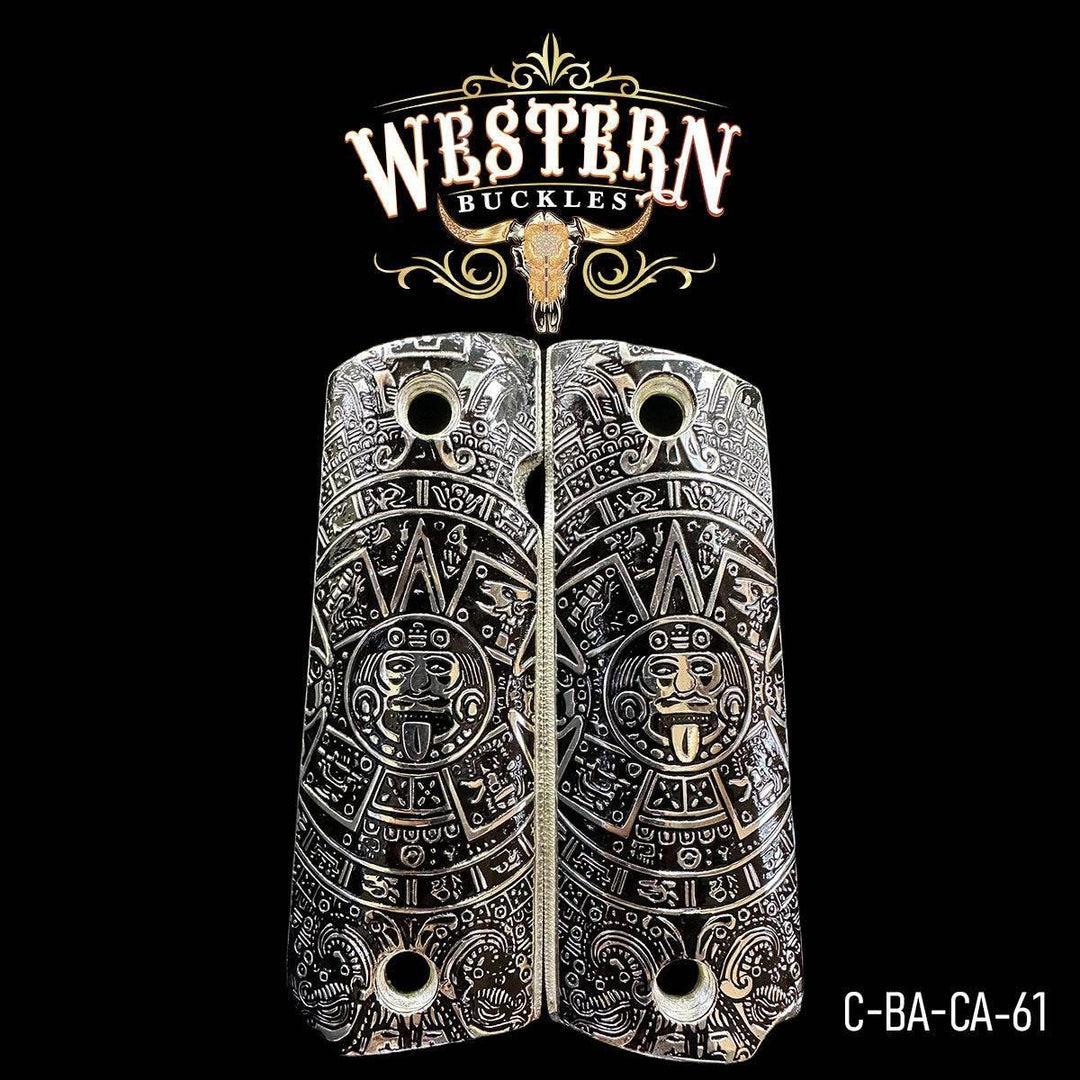Aztec calendar engraved Colt 1911 custom pistol grips, black and silver, western style.