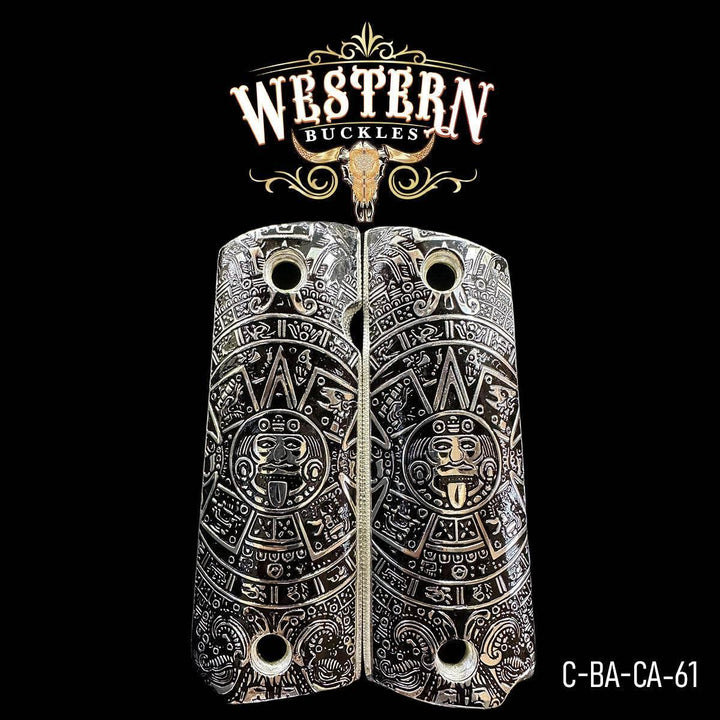 Aztec calendar engraved Colt 1911 custom pistol grips, black and silver, western style.