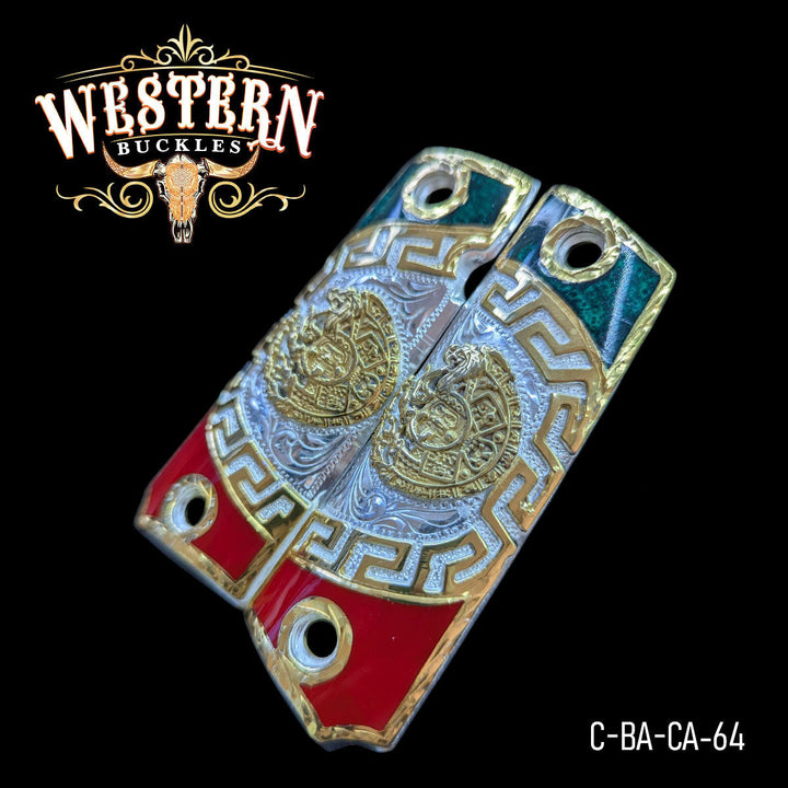 1911 Aztec Calendar Gun Grips — Artisan Resin — Detail View | Western Buckles Handcrafted | SKU C-BA-CA-64