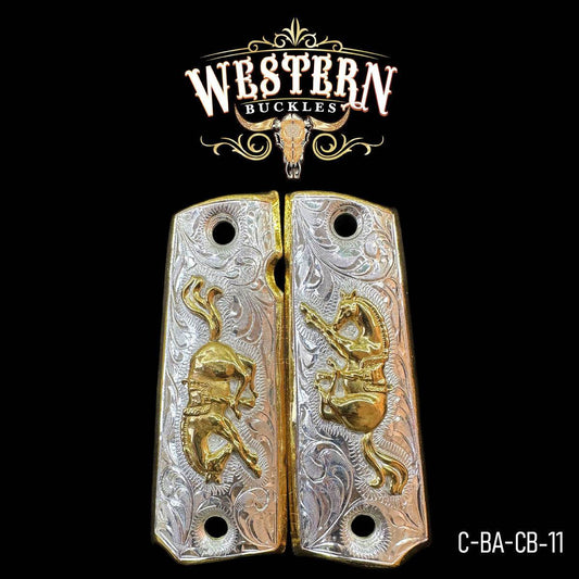 Cacha Colt 1911 Caballo Relinchando Oro y Plata - Western Buckles