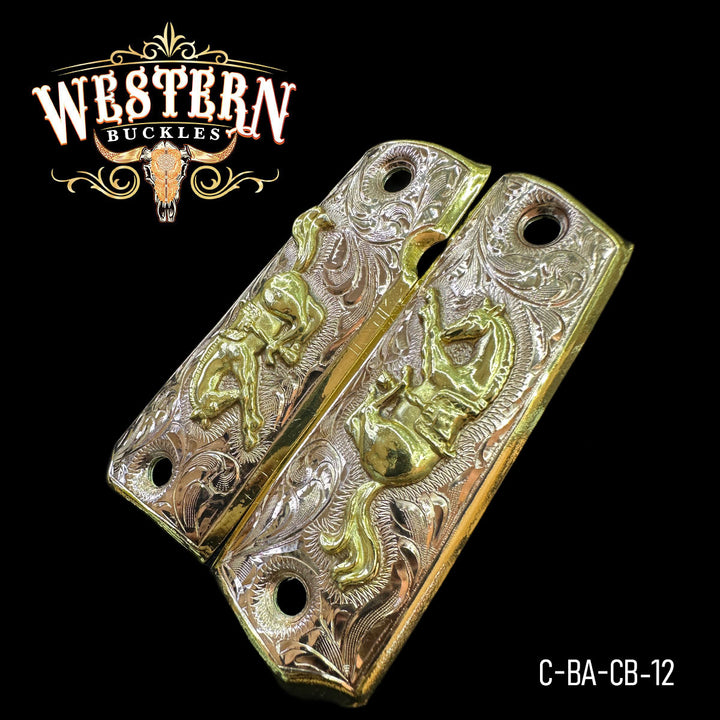 1911 Horse Cachas — Rose Gold Plated — Detail View | Western Buckles Handcrafted | SKU C-BA-CB-12