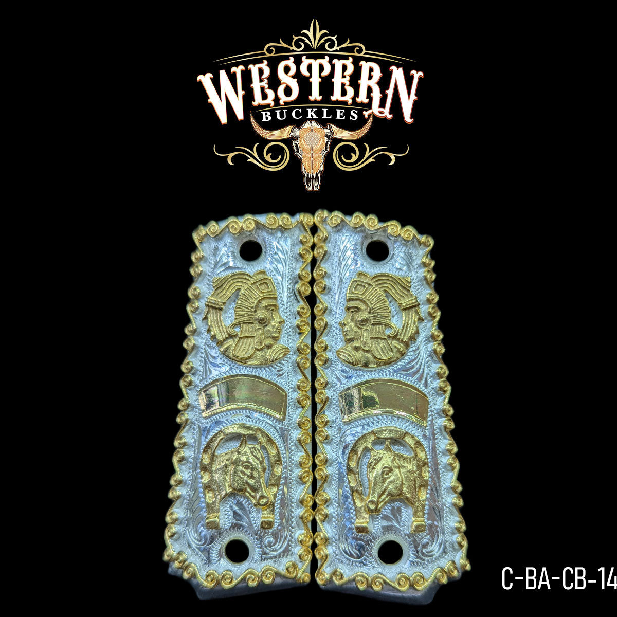 Cacha Colt 1911 Caballo Azteca Oro y Plata Rameado.