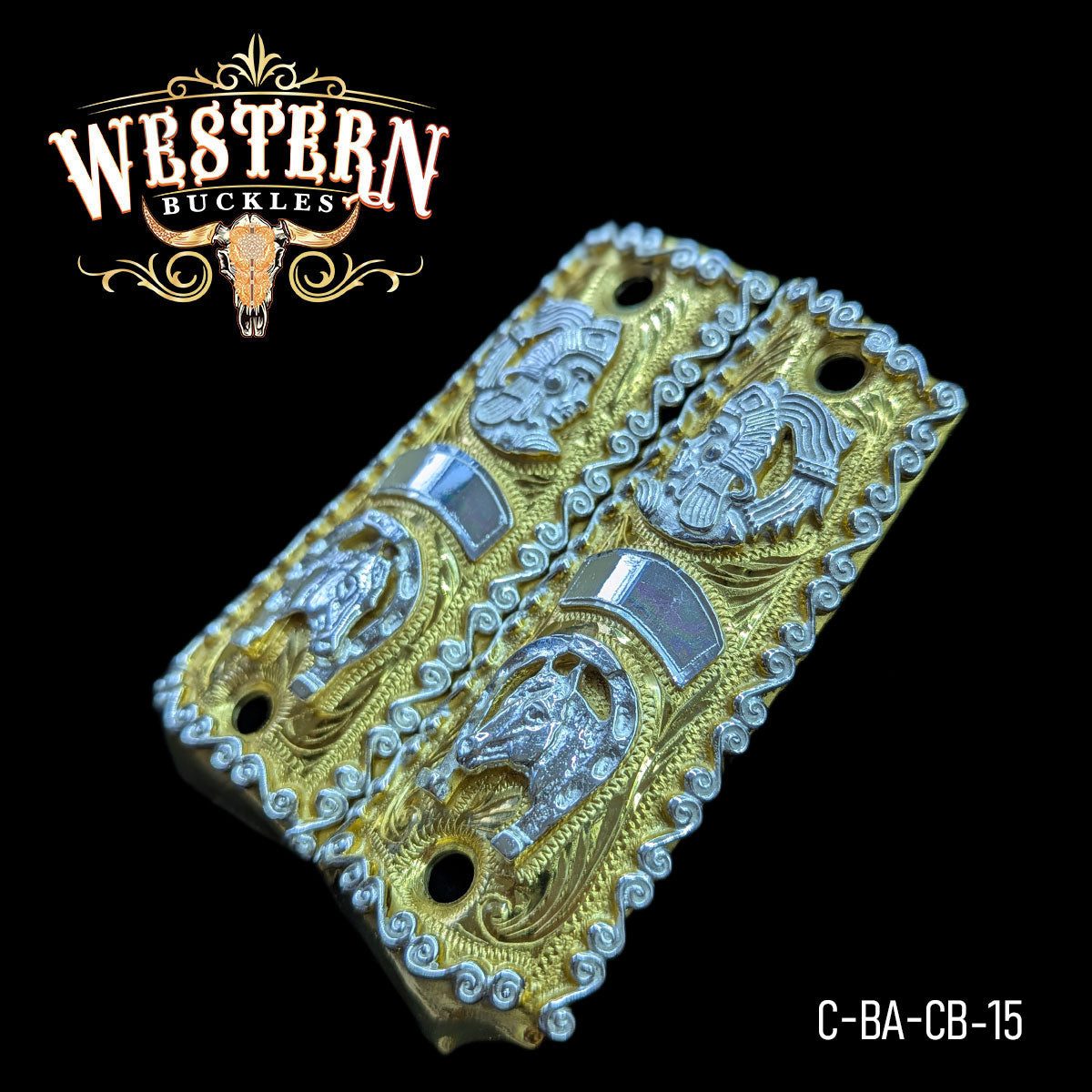 Cacha Colt 1911 Caballo Azteca Oro y Plata Rameado