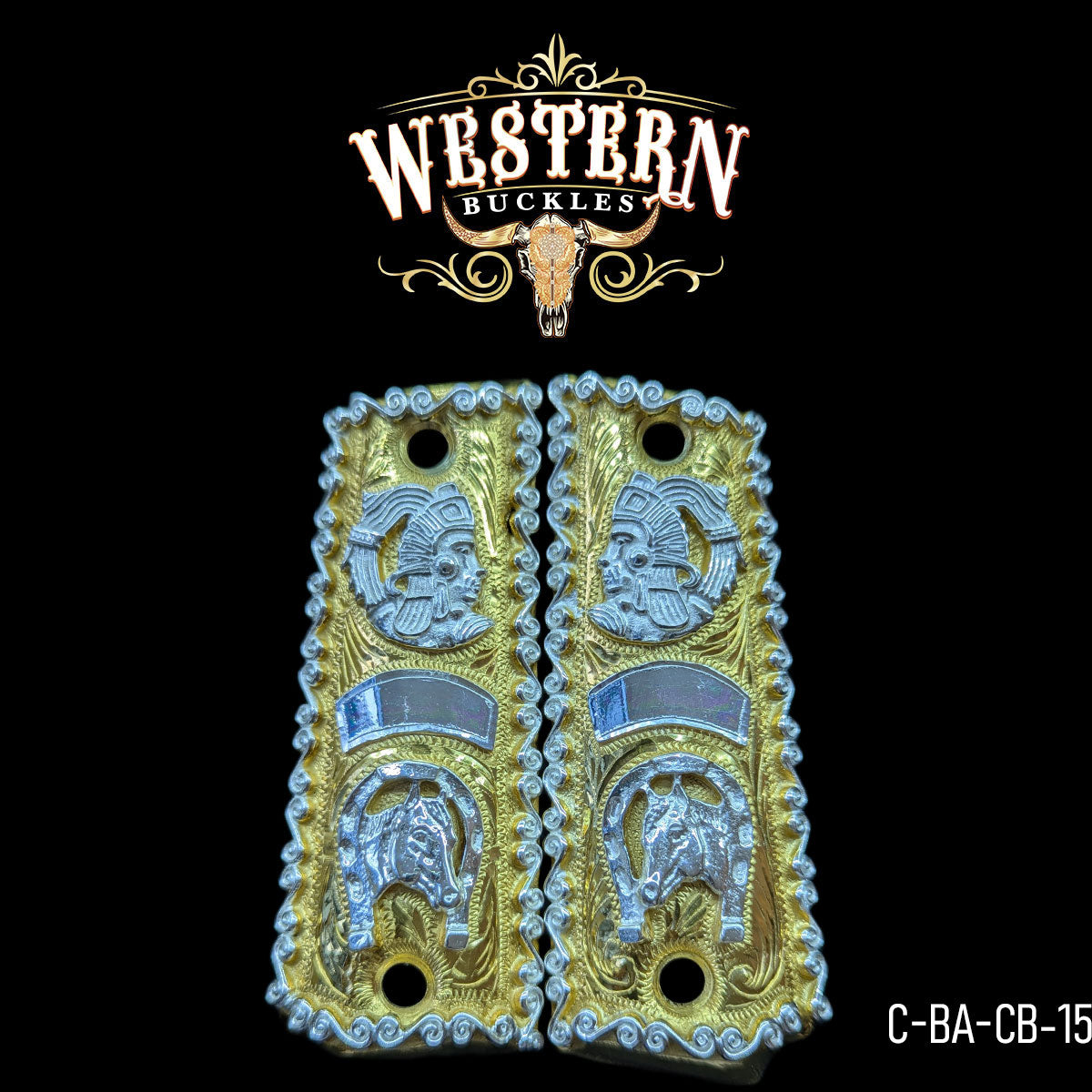 Cacha Colt 1911 Caballo Azteca Oro y Plata Rameado