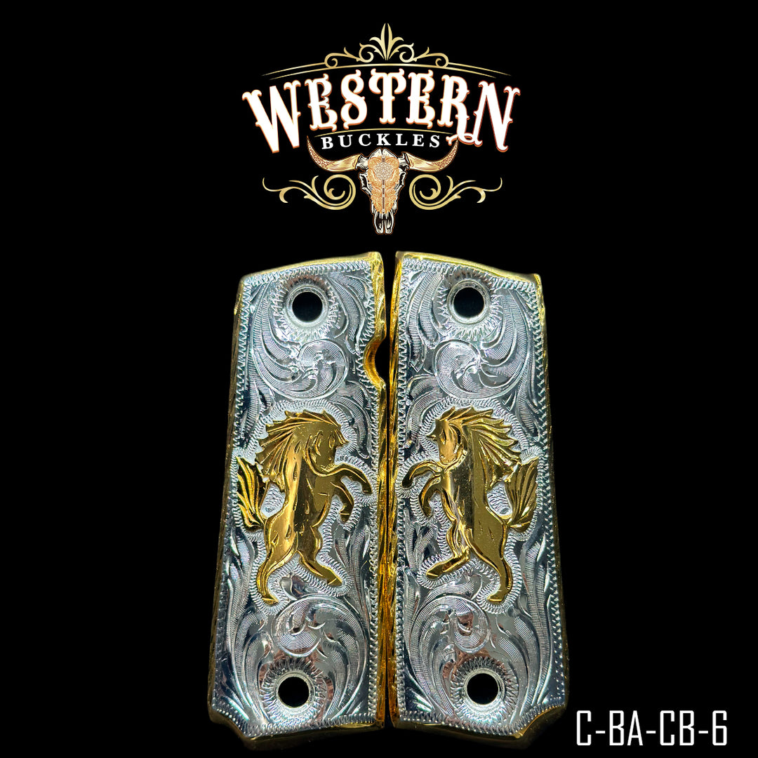 1911 Horse Gun Grips — 24K Gold Plated & .925 Silver Plated | Handcrafted by Western Buckles | SKU C-BA-CB-6