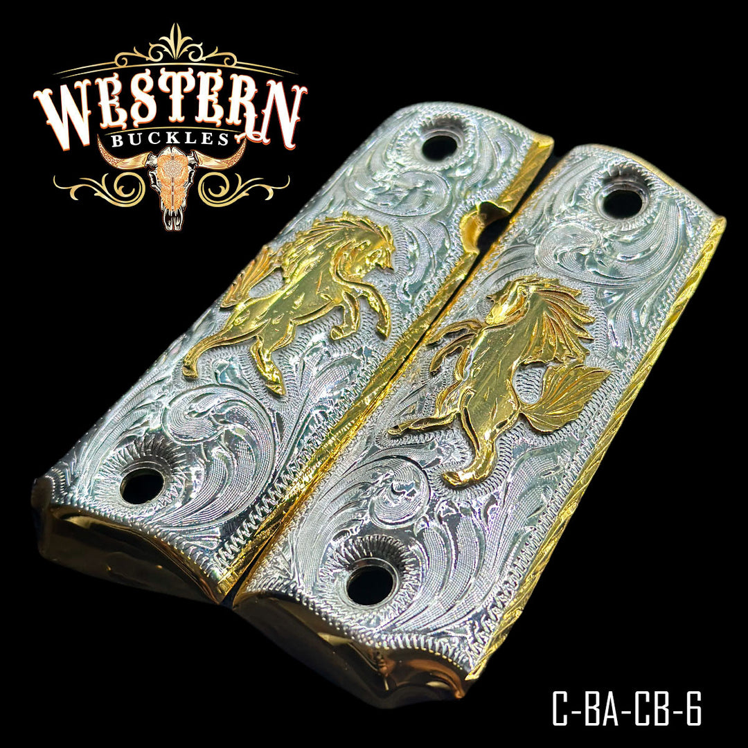 1911 Horse Gun Grips — 24K Gold Plated &amp; .925 Silver Plated — Detail View | Western Buckles Handcrafted | SKU C-BA-CB-6