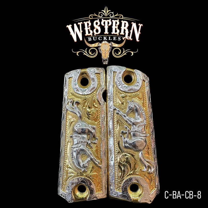 Cacha Colt 1911 Caballo Relinchando Oro y Plata - Western Buckles