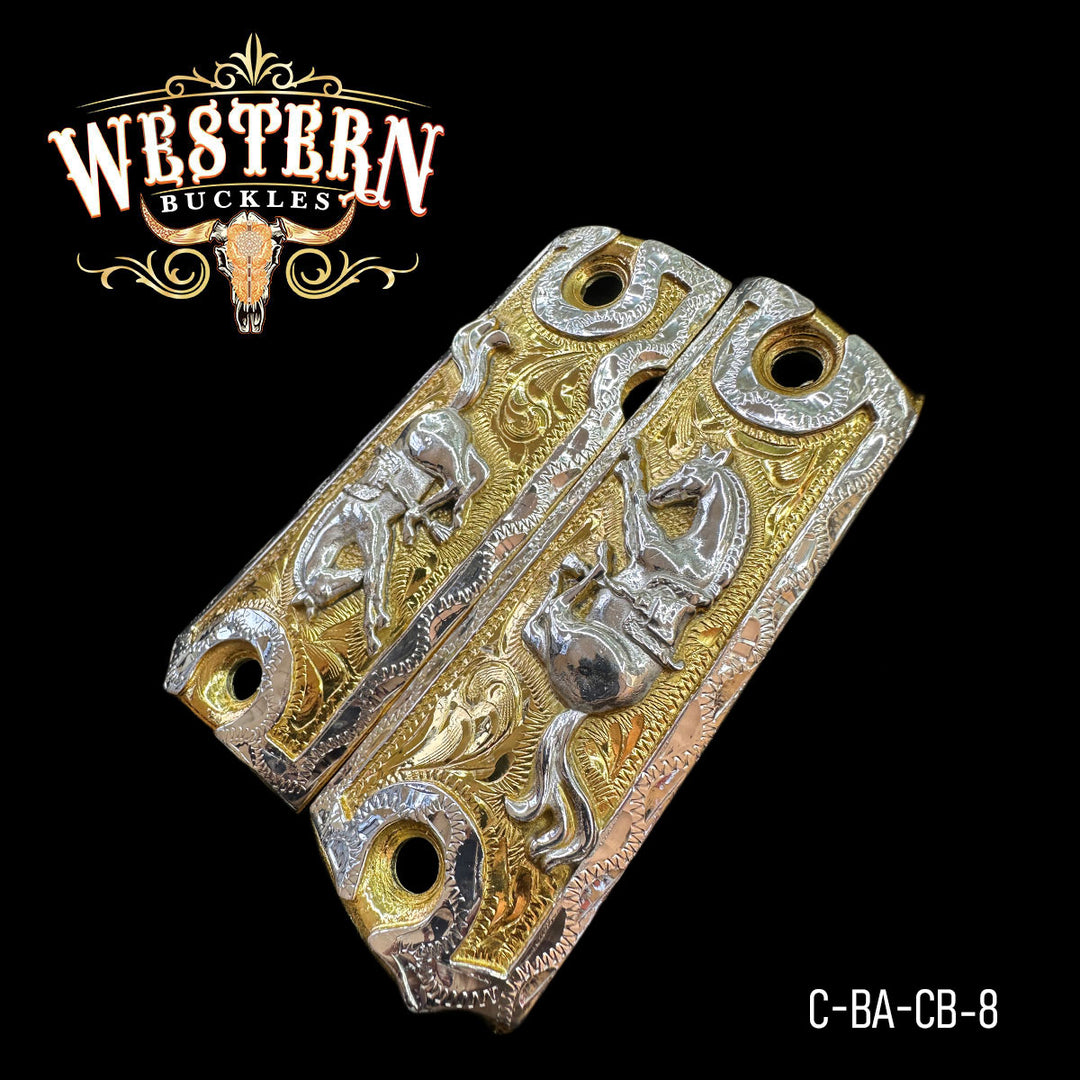 1911 Horse Gun Grips — 24K Gold Plated &amp; .925 Silver Plated — Detail View | Western Buckles Handcrafted | SKU C-BA-CB-8