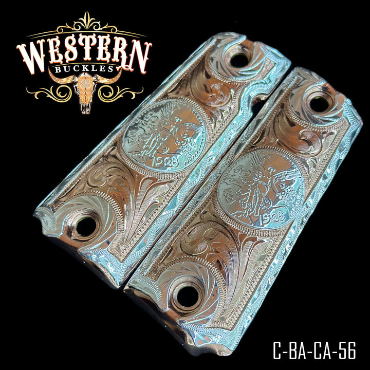 1911 Centenario Gun Grips — Rose Gold Plated &amp; Silver Plated — Detail View | Western Buckles Handcrafted | SKU C-BA-CO-56