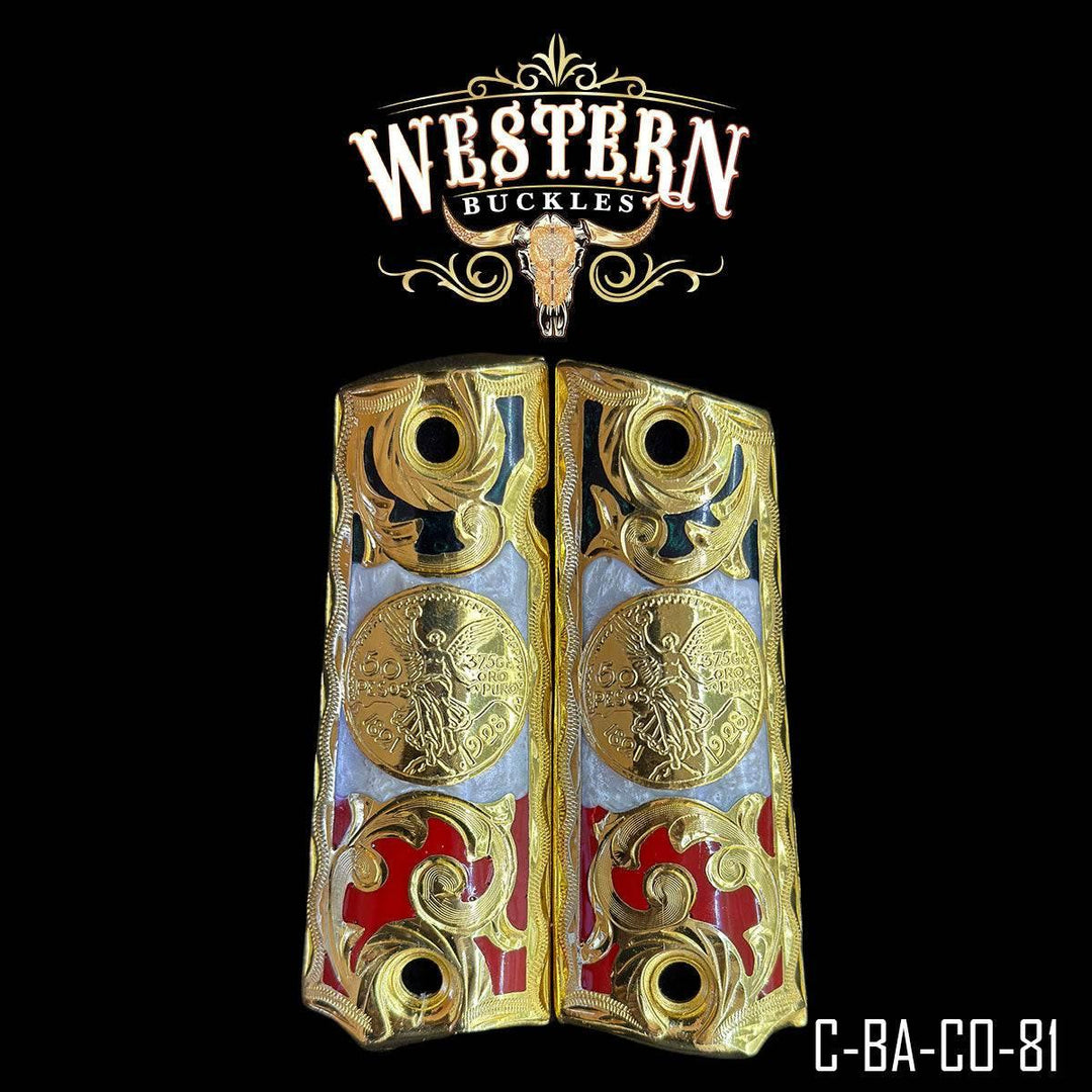 Gold engraved Colt 1911 pistol grips with coin detail and red accents, western style.